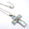 TMother of Pearl 1in silver trimmed Cross 18in chain