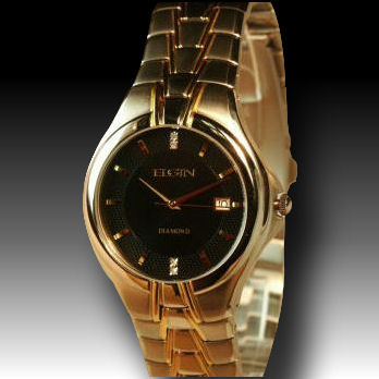 Mens Elgin 4 diamond gold tone water resistant 