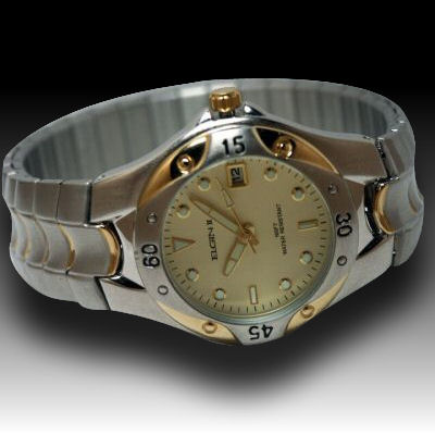 Mens Elgin bezel stretch band nice two tone with date