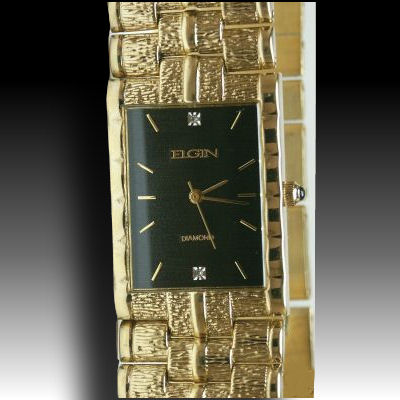 Mens Elgin gold tone elegant watch  two diamond gold plated black dial
