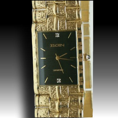 Mens Elgin gold tone elegant watch two diamond gold plated black dial