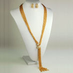 Gold multi chain tassel with clasp necklace 25in long with 3in ext and then there is the 6 inch tassel