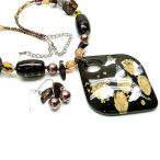Dark brown and gold lucite and pearl 20 inch necklace with earring