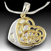  Beautiful  two tone White Gold plated double heart, 15in chain 20 X 18mm pendant