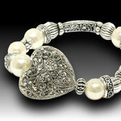 White Gold and silver filgree heart stretch bracelet