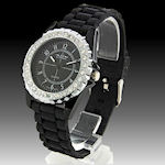 Ian Danials Sterling silver mans watch with cz's adjustable from 6-8inch stark black band made of rubber $55