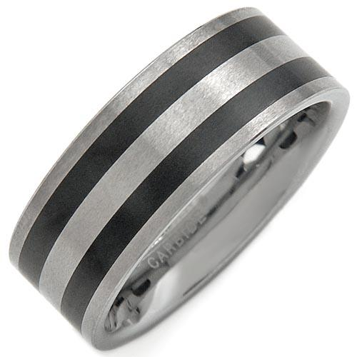 2 tone Tungsten men's ring with black double lines