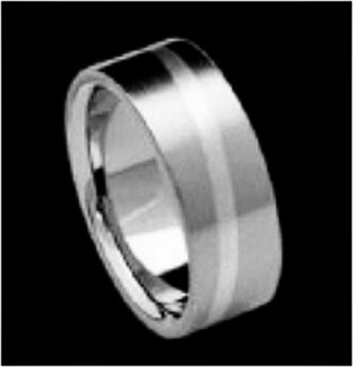 This Titanium ring has a very slight band that of Silver that circles around this ring