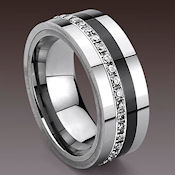 Designers dream in Shiny tungsten Carbide with black ceramic Zirconia Inlay with diamoniques edging