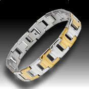8238 $30 Two Tone Stainless and  gold 32.3g, folds over clasp, 12mm wide 8in long  2mm deep