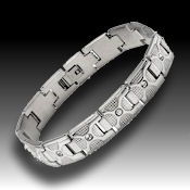8239 $23 Stainless steel and Crystals, 46.5g 8.5in long, 12mm wide, 3mm deep, fold over clasp, 13 genuine crystals