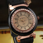 Beautiful ladies Quartz watch,  Rose Gold bezel and accents, Black rubber band, quartz movement $30.00